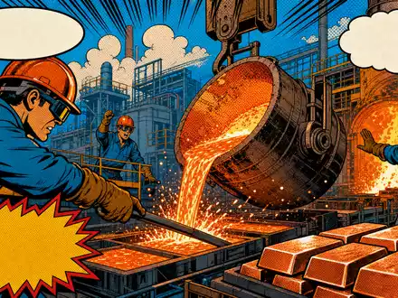 Aurubis AG Kupferschmelze als leuchtender Pop-Art-Comic mit Halbtonmustern, Funken und Arbeitern, ISIN DE0006766504 - Foto: THN
