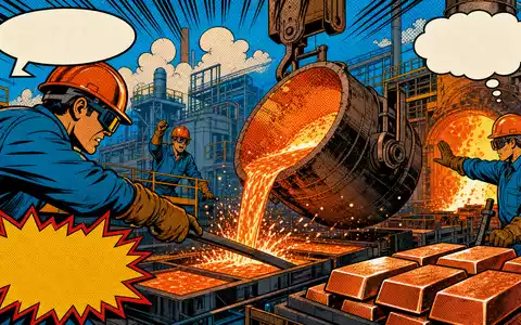 Aurubis AG Kupferschmelze als leuchtender Pop-Art-Comic mit Halbtonmustern, Funken und Arbeitern, ISIN DE0006766504 - Foto: THN