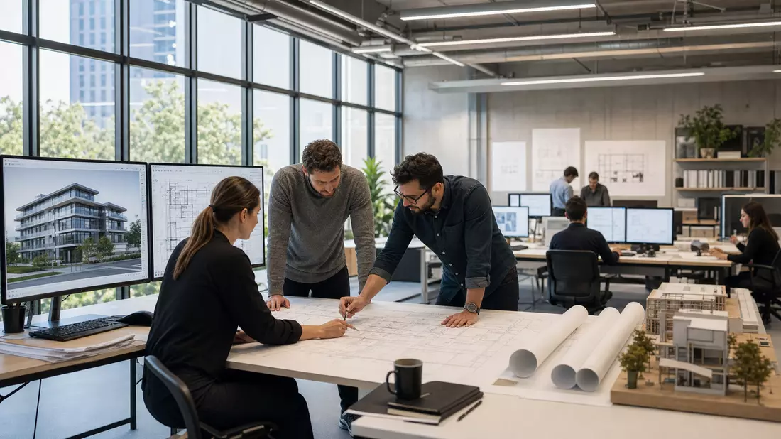Architekten und Ingenieure arbeiten in einem modernen Büro mit 3D-CAD-Software
