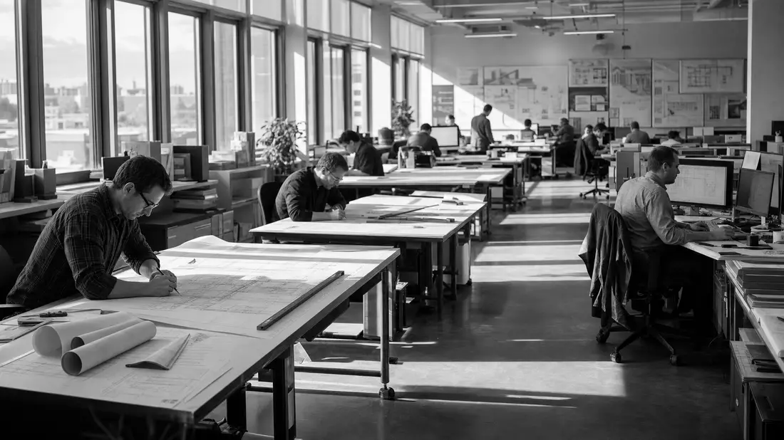 Schwarzweiß-Reportagefoto eines Designstudios mit Ingenieuren an Zeichentischen