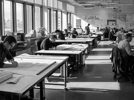 Autodesk Inc. prägt die Ingenieurskultur; dokumentarisches Bild zeigt Designstudio US0527691069 in Schwarzweiß - Foto: THN