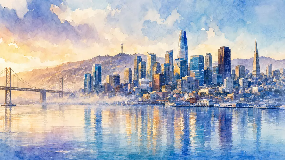 Aquarellmalerei der San-Francisco-Skyline mit Spiegelung im Wasser