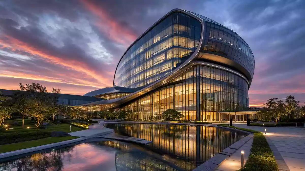 Architektonisches Render eines modernen Glasgebäudes mit Spiegelteich bei Dämmerung