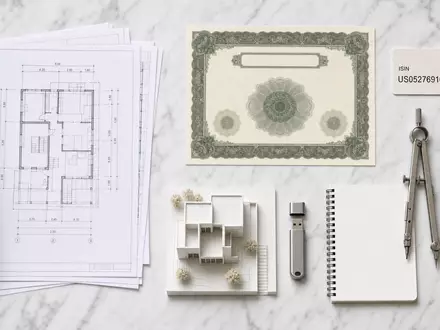 Autodesk Inc. Aktie US0527691069 als Flatlay mit Aktienzertifikat, Bauplan und Präzisionswerkzeug arrangiert - Foto: THN