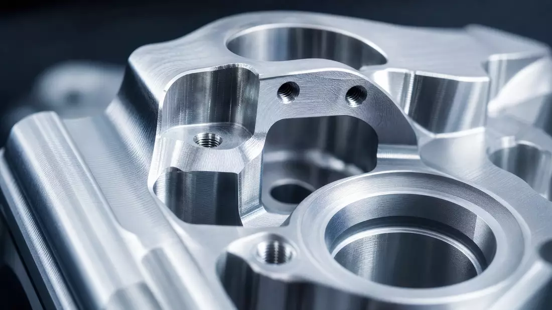 Extreme Makroaufnahme eines CNC-gefrästen Aluminium-Präzisionsbauteils mit Gewindebohrungen