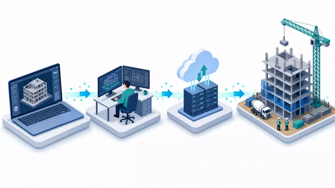 Isometrische 3D-Illustration der Softwarewertschöpfungskette von Design bis Bau