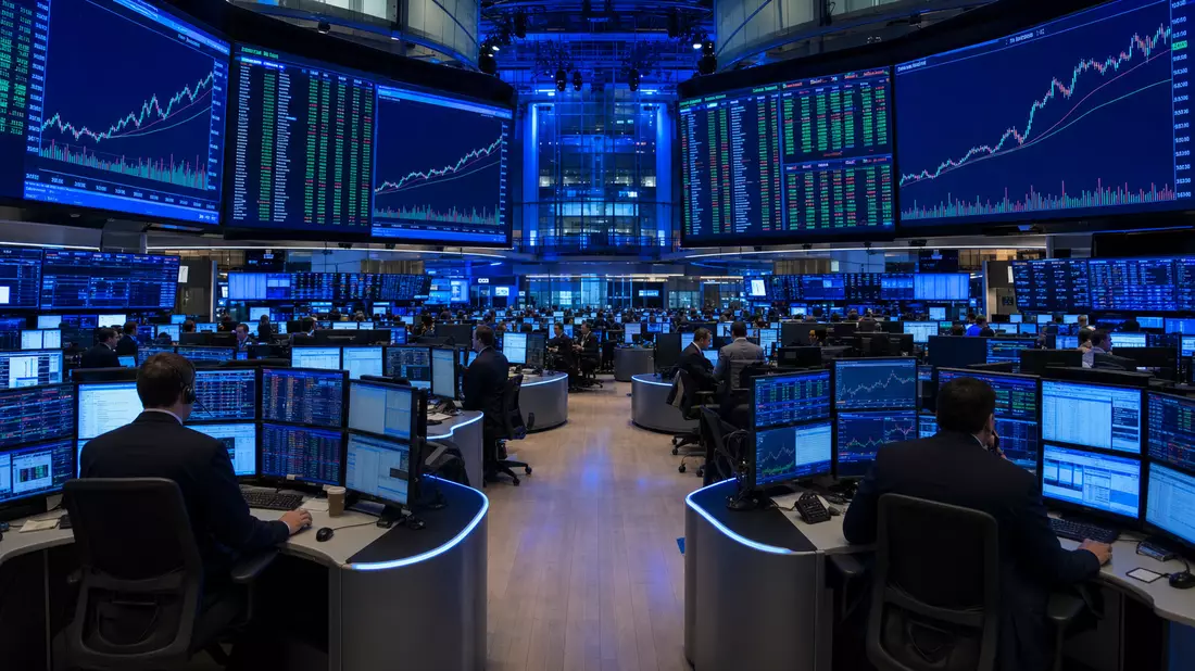 NASDAQ-Tradingfloor mit Händlern und großen Bildschirmen mit Kursdiagrammen