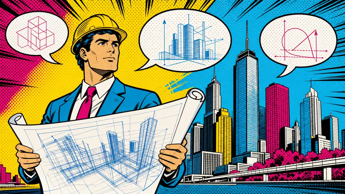 Pop-Art-Comic eines Architekten mit Bauplan vor farbenfroher Hochhausskyline