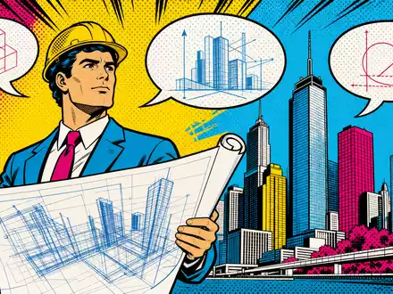 Autodesk Inc. als Pop-Art-Comic US0527691069: Architekt mit Bauplan vor bunter Stadtskyline im Retrostil - Foto: THN