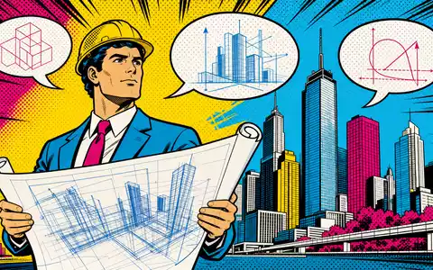 Autodesk Inc. als Pop-Art-Comic US0527691069: Architekt mit Bauplan vor bunter Stadtskyline im Retrostil - Foto: THN