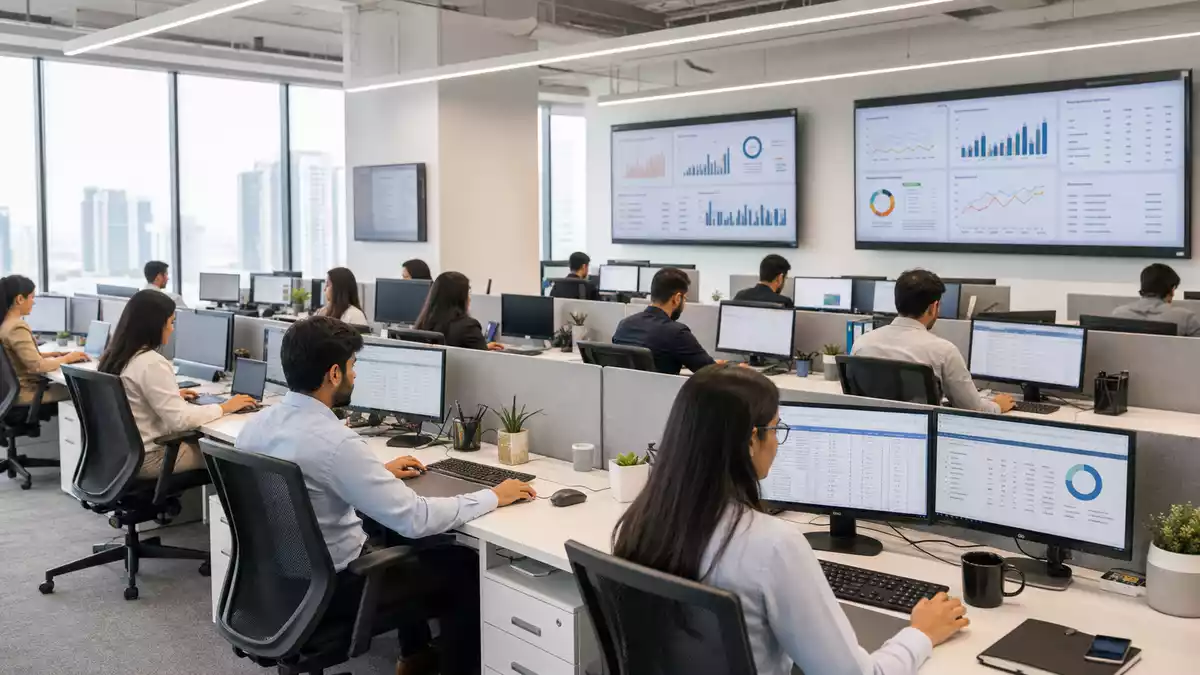 Modernes HR-Büro mit Mitarbeitern an Computern und Analyse-Dashboards