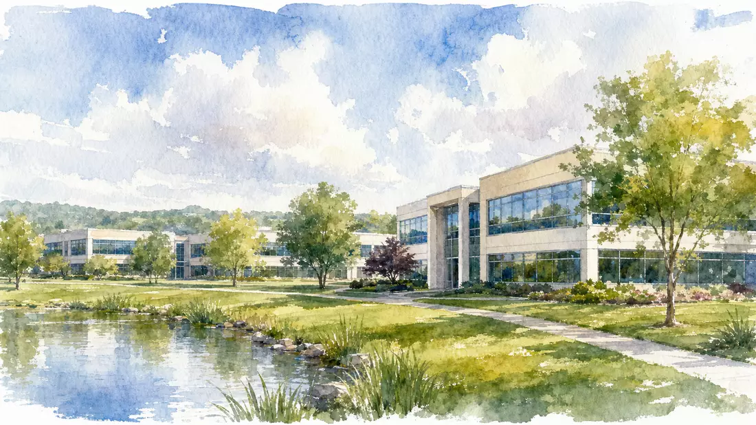 Aquarell eines modernen Firmencampus mit Gebäuden und Teich