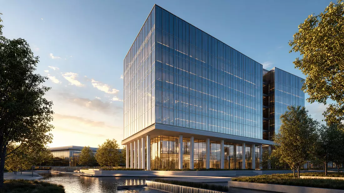 Fotorealistisches Architektur-Rendering eines modernen Glashochhauses