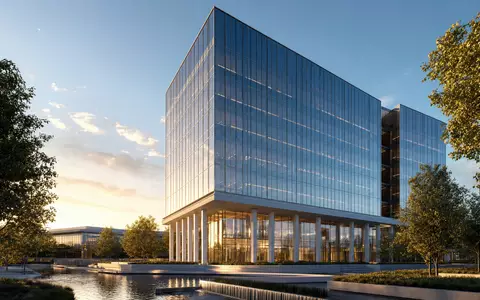 Architektur Rendering des Automatic Data Processing US0530151036 Hauptquartiers als Glasturm im goldenen Abendlicht - Foto: THN