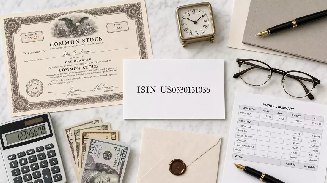 Draufsicht auf Aktienzertifikat, ISIN US0530151036-Karte und Payroll-Utensilien