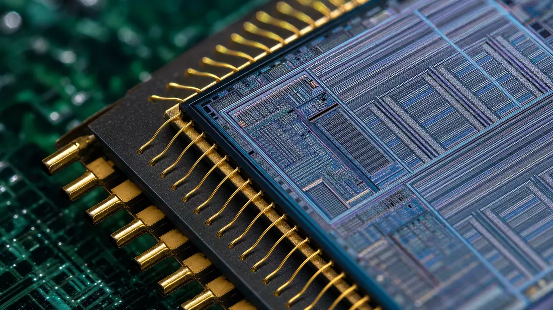 Extreme Makrofotografie eines Computerprozessors auf grüner Platine
