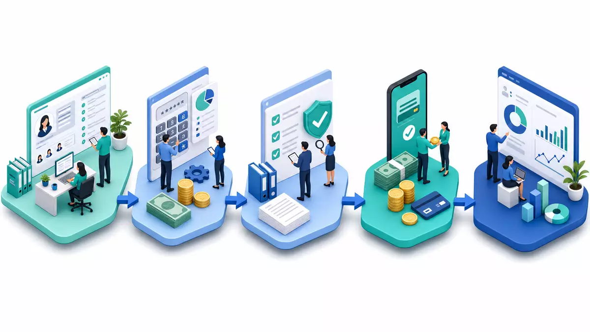 Isometrische 3D-Illustration der HR-Payroll-Prozesskette in Teal und Blau