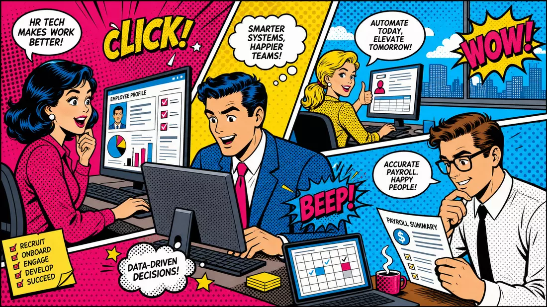 Pop-Art-Comicszene mit Büroangestellten an HR-Software-Computern