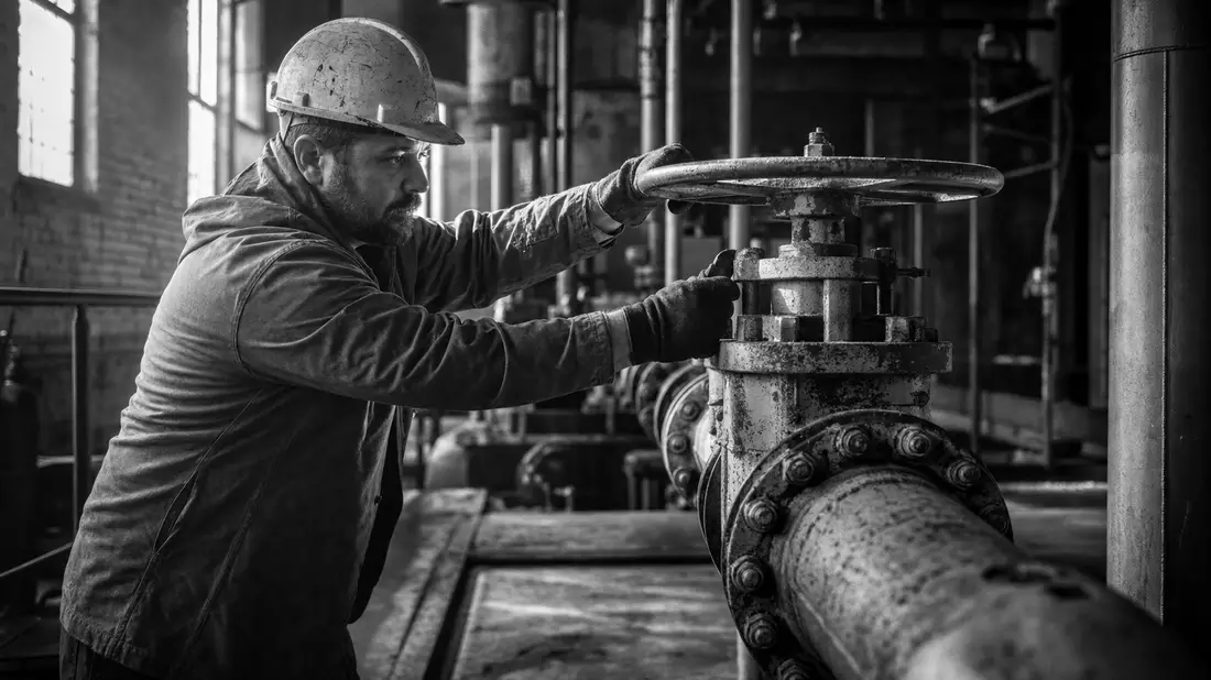 Schwarzweissfoto eines Arbeiters an einem Industrieventil in einer Pumpstation