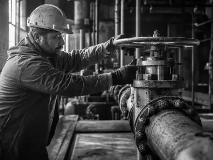 Schwarzweisse Reportage-Aufnahme eines Wasserwerkers illustriert United Utilities Group PLC, ISIN GB00B39J2M42, im Industriebetrieb - Foto: THN