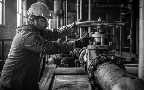 Schwarzweisse Reportage-Aufnahme eines Wasserwerkers illustriert United Utilities Group PLC, ISIN GB00B39J2M42, im Industriebetrieb - Foto: THN