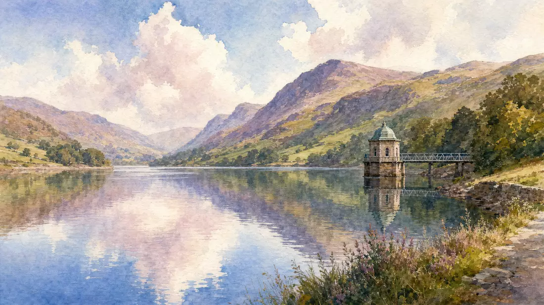 Aquarellbild eines Stausees im Lake District mit Huegeln und Wasserturm-Gebaeude