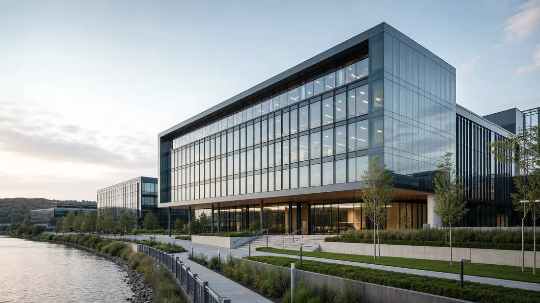 Architektur-Render eines modernen Glas-Bueroturms an einem Fluss in England
