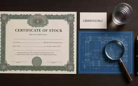 Flatlay-Arrangement mit Aktienzertifikat und ISIN-Karte praesentiert United Utilities Group PLC, ISIN GB00B39J2M42, thematisch - Foto: THN