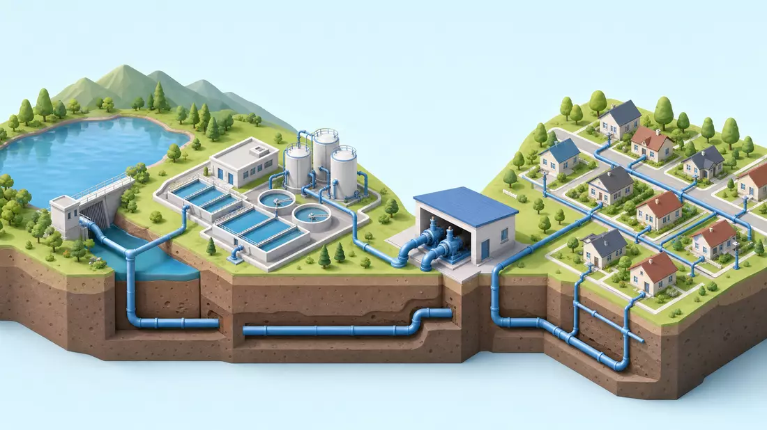 Isometrisches 3D-Diagramm von Stausee, Klaranlage und Rohrnetz bis zu Wohnhaeusern