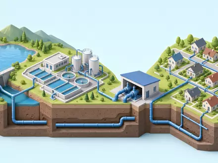 Isometrische 3D-Illustration der Wertschoepfungskette zeigt United Utilities Group PLC, ISIN GB00B39J2M42, als Wasserinfrastruktur - Foto: THN