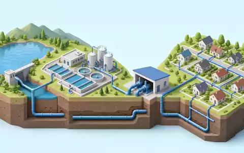 Isometrische 3D-Illustration der Wertschoepfungskette zeigt United Utilities Group PLC, ISIN GB00B39J2M42, als Wasserinfrastruktur - Foto: THN