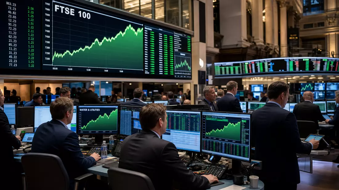 Editorial-Foto einer Handelsflaeche in London mit Bildschirmen und FTSE 100 Charts