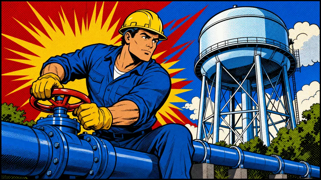 Buntes Pop-Art-Comicbild eines Arbeiters an einem Ventil vor einem Wasserturm