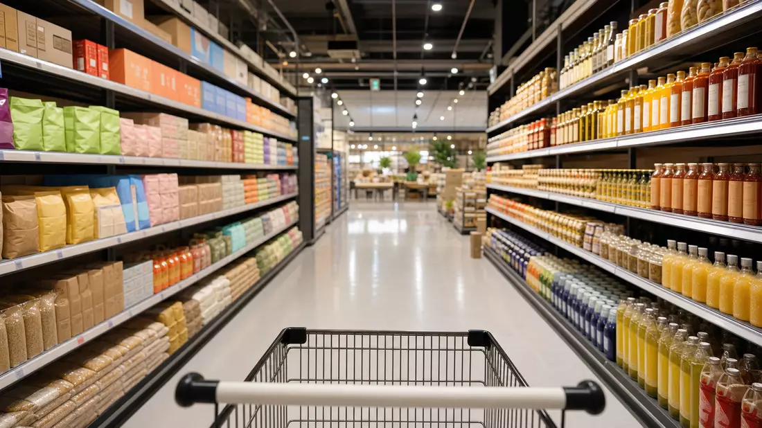 Fotorealistische Supermarkt-Regalreihe mit Einkaufswagen, hell beleuchtet