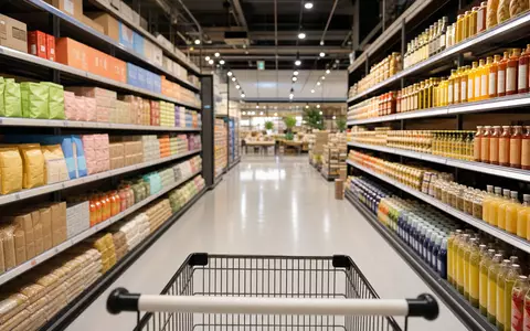 J Sainsbury plc GB00B019KW72 zeigt fotorealistisch ein modernes Supermarktregal mit bunten Waren - Foto: THN