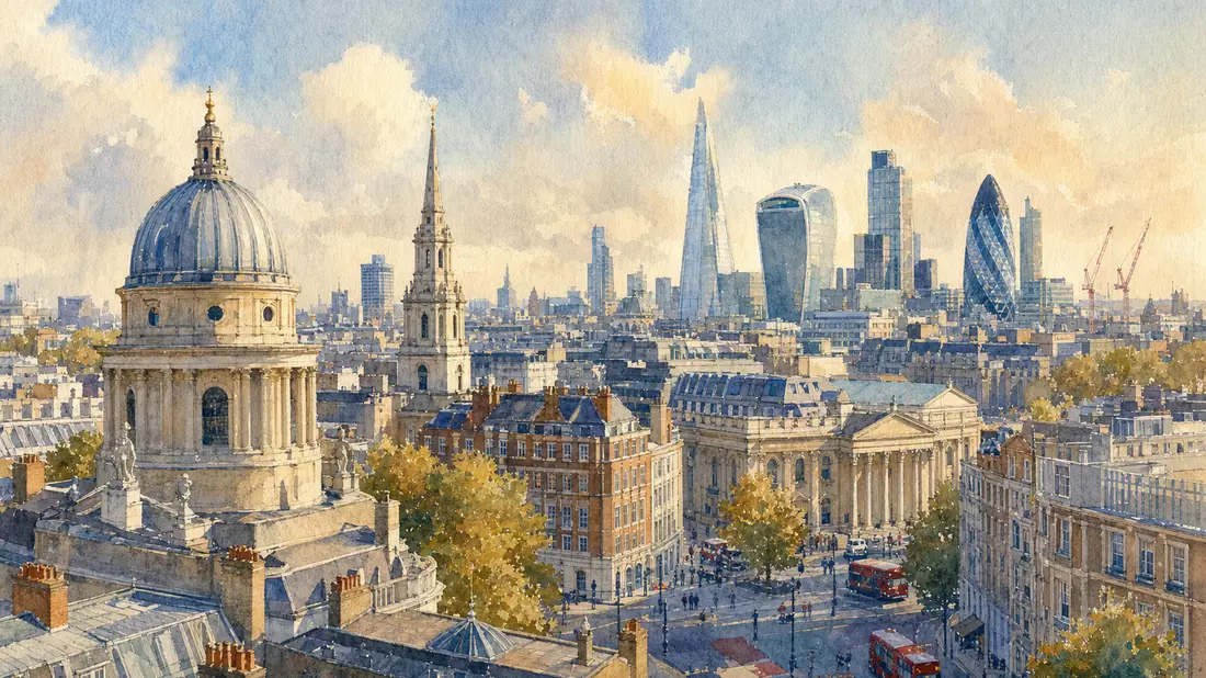 Aquarellmalerei der Londoner Skyline mit historischen und modernen Gebäuden
