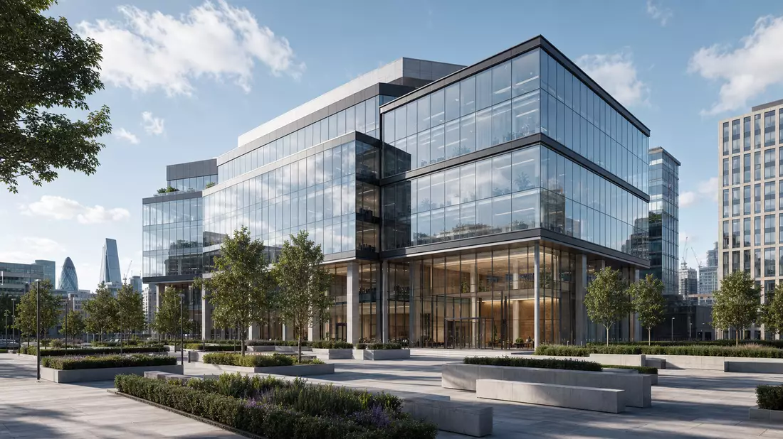 Architekturvisualisierung eines modernen Glas-Bürogebäudes mit Platz in London
