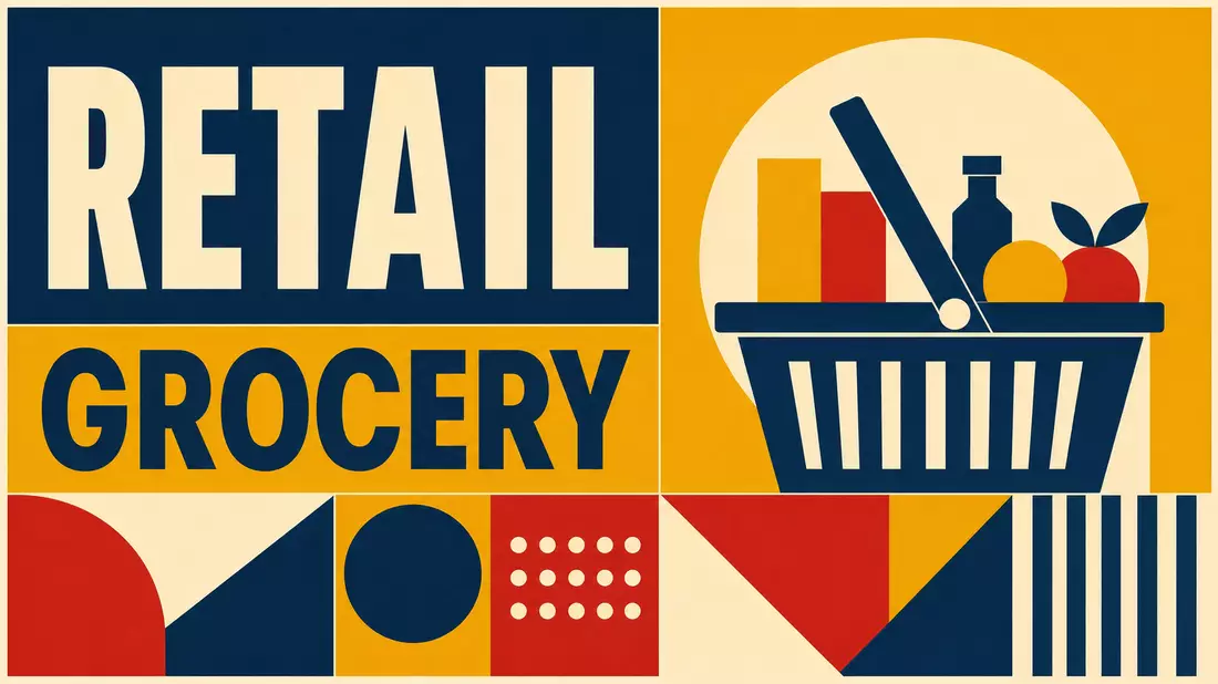 Bauhaus-Poster mit geometrischen Formen und den Wörtern RETAIL und GROCERY