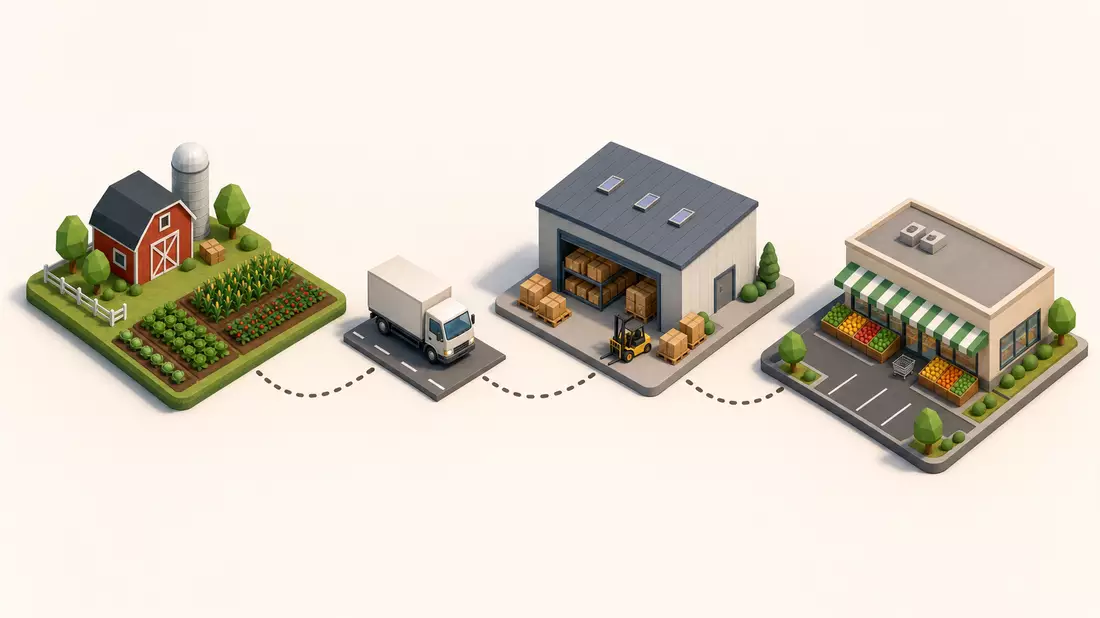 Isometrische 3D-Illustration der Lieferkette von Farm bis zum Laden