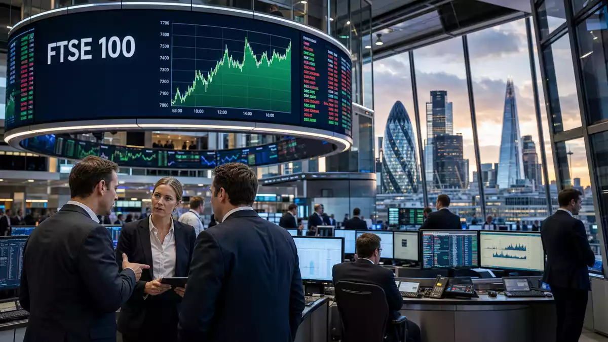 Börsen-Editorialfoto mit FTSE 100 Anzeige, Händlern und Londons Skyline