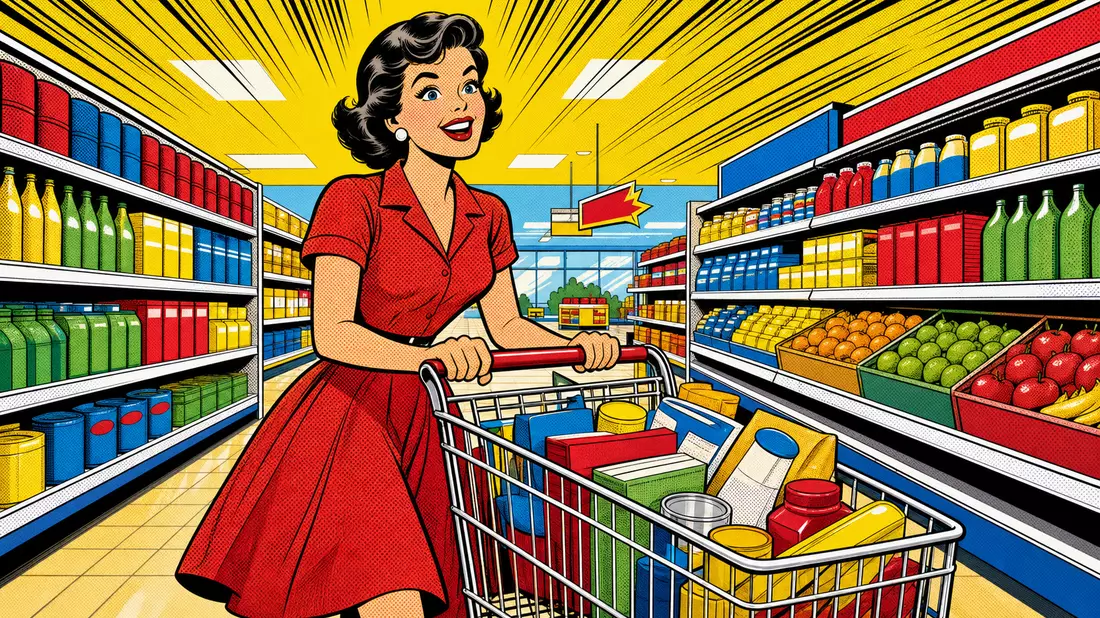Pop-Art-Comic einer lächelnden Kundin mit Einkaufswagen im Supermarkt