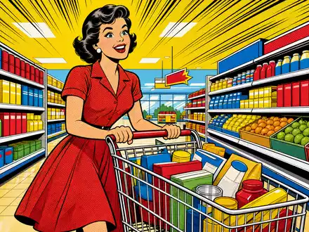 J Sainsbury plc GB00B019KW72 erscheint als farbenfrohe Pop-Art-Comic-Szene mit fröhlicher Kundin im Supermarkt - Foto: THN