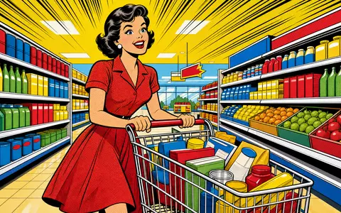 J Sainsbury plc GB00B019KW72 erscheint als farbenfrohe Pop-Art-Comic-Szene mit fröhlicher Kundin im Supermarkt - Foto: THN