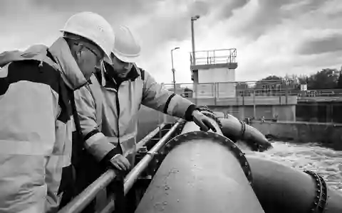 Severn Trent Plc (GB0009697037) beschäftigt Ingenieure, die Rohrleitungen an Wasserwerken dokumentarisch in Schwarzweiß inspizieren - Foto: THN