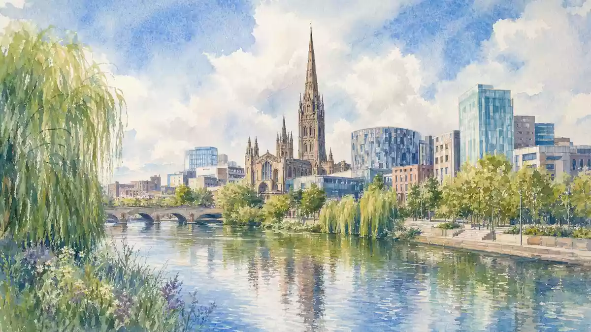 Aquarellmalerei von Coventry mit Kathedrale, Flussufer und Weidenbäumen bei Tageslicht