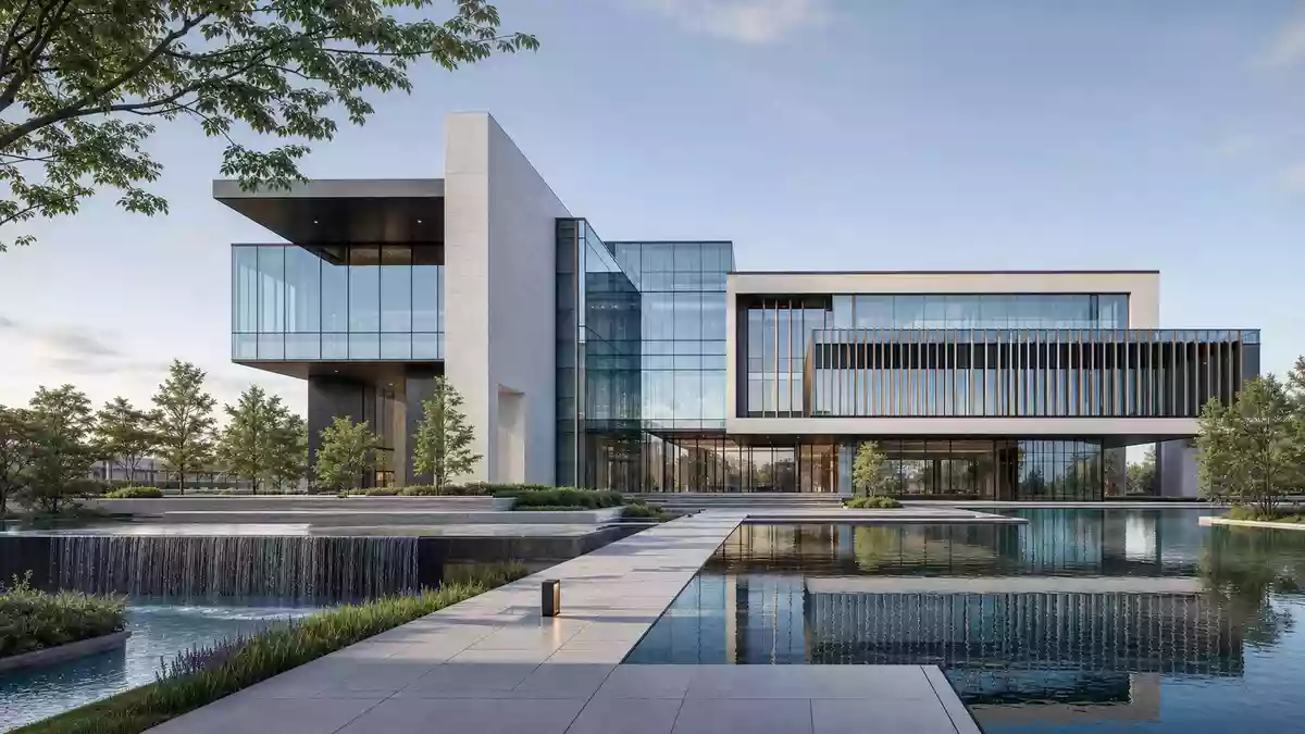 Architektur-Rendering eines modernen Glasgebäudes mit Spiegelteich und Wasserfall