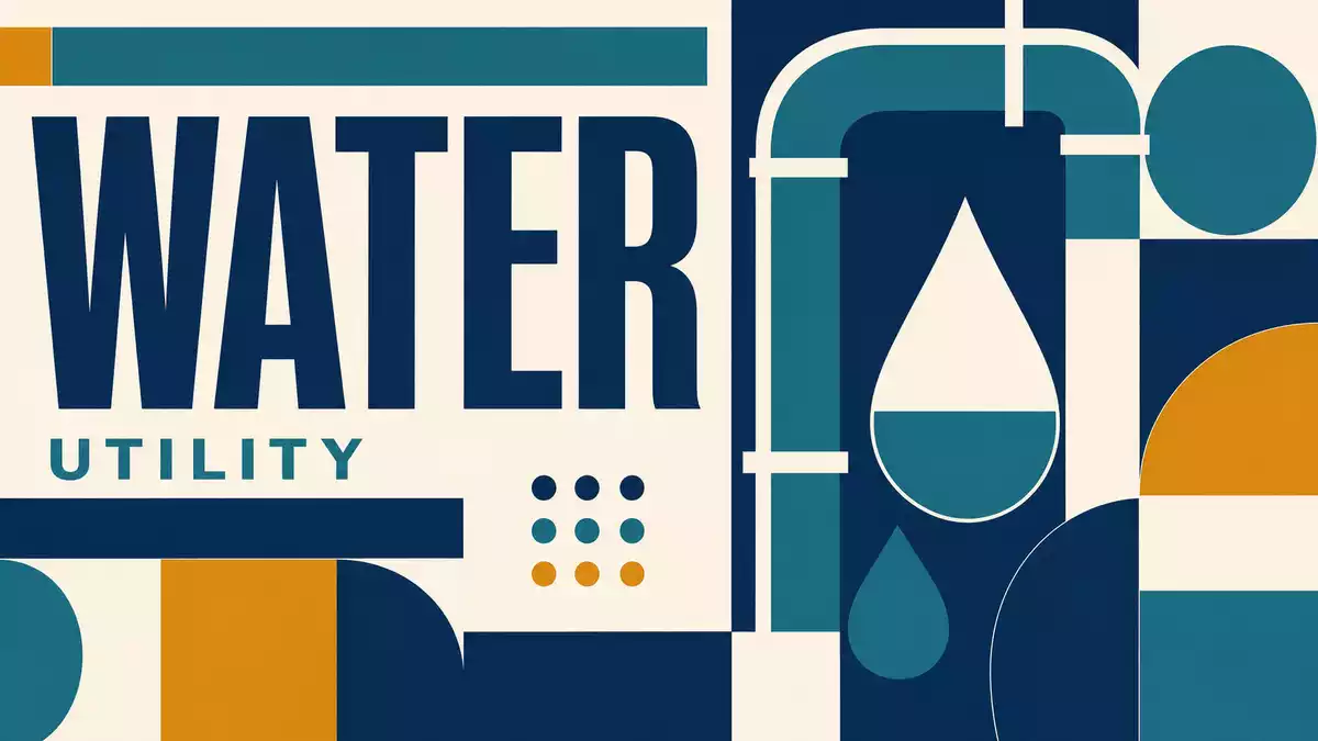 Bauhaus-Poster mit geometrischen Formen und den Wörtern WATER und UTILITY