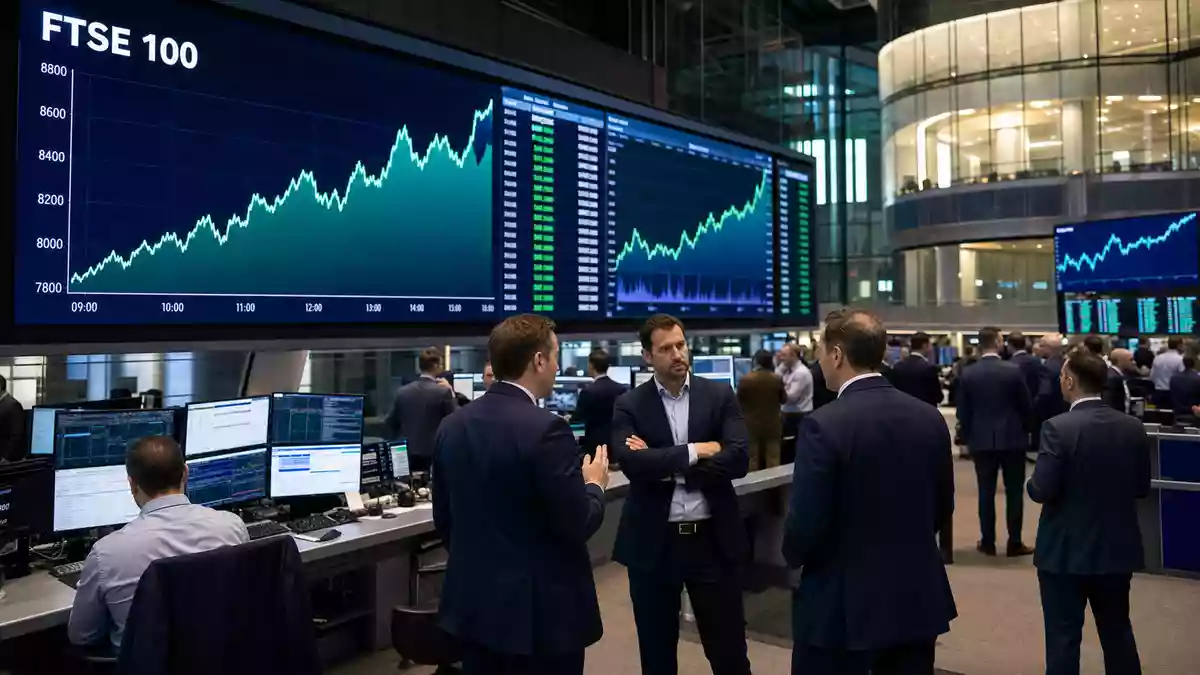 Handelsraum mit Bildschirmen zeigt FTSE 100 Kurscharts und Trader in Anzügen