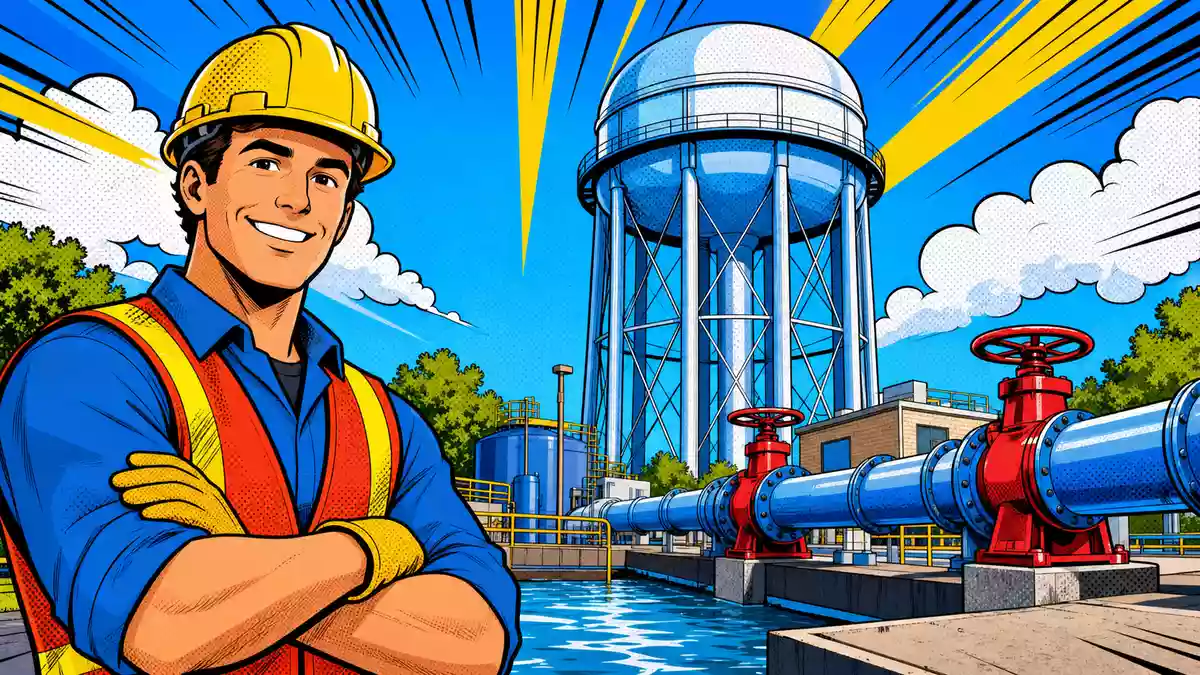 Pop-Art-Comic mit lächelndem Arbeiter, Wasserturm und Rohrleitungen in kräftigen Farben