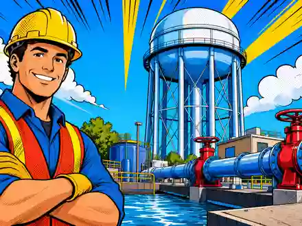 Severn Trent Plc (GB0009697037) wird in einer farbenfrohen Pop-Art-Comic-Szene mit Wasserturm und Rohrleitungen dargestellt - Foto: THN